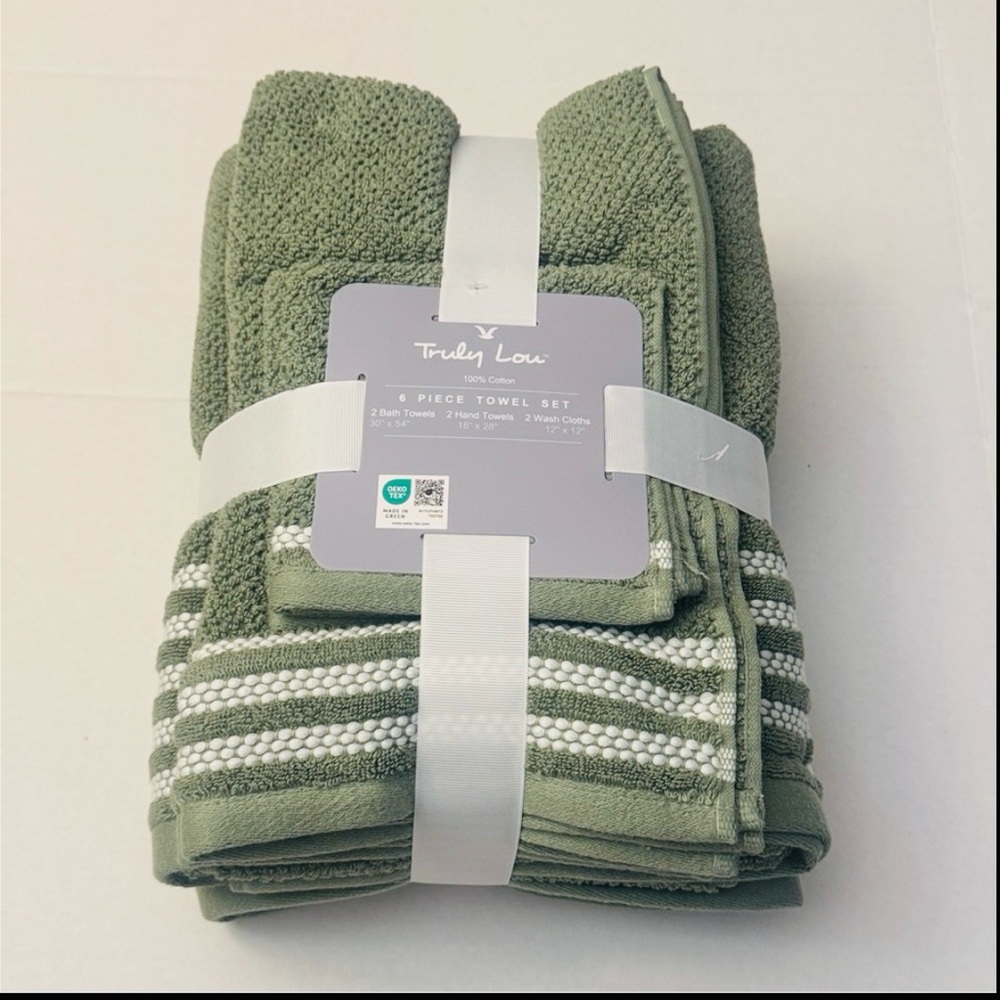 6pc TRULY LOU 100% Cotton Bath Towel Set - OILGRN- Green/White